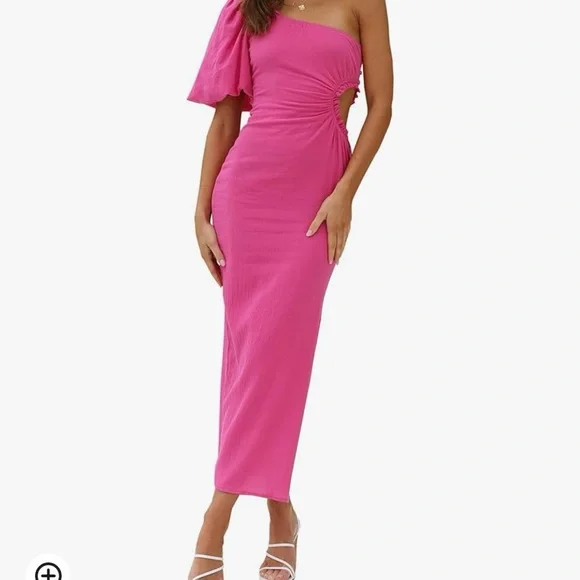 Women Casual One Shoulder Maxi Dress Puff Short Sleeve Cutout Split | Color: Pink | Size: M | Martinezjennx20'S Closet